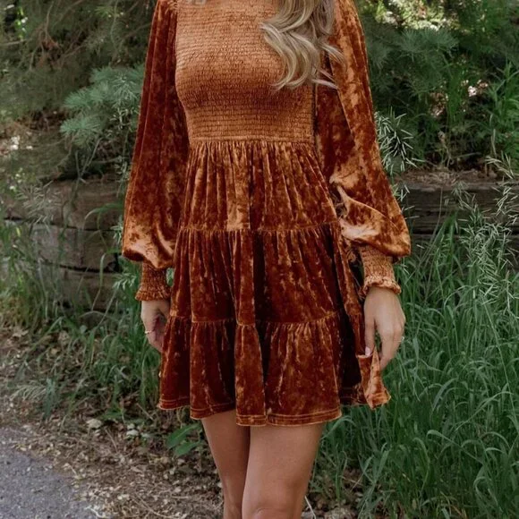 Women's Crushed Velvet Dress Long Sleeve Crew Neck Smocked A-Line Mini - Picture 2 of 6